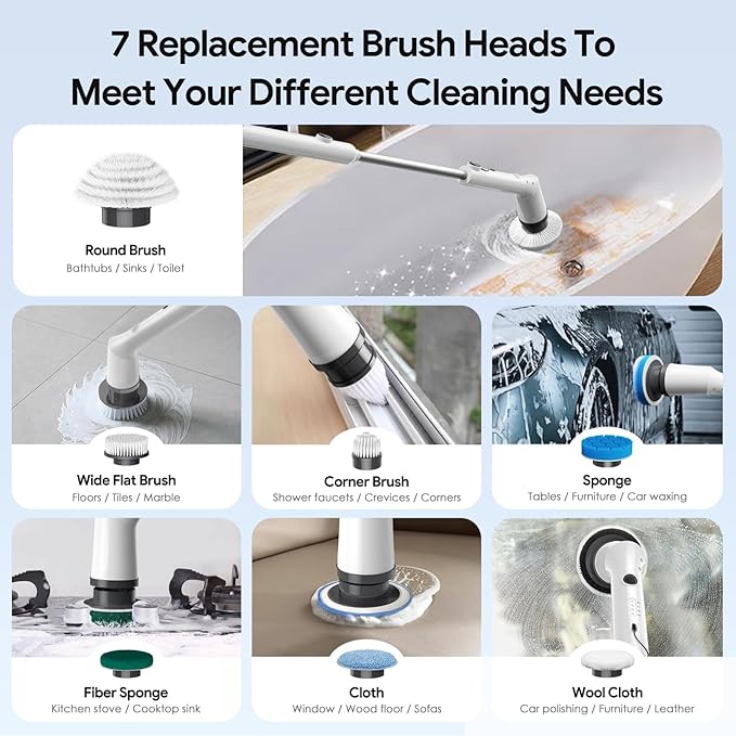 Electric Spin Scrubber, 2025 New Cordless Cleaning Brush, Shower Cleaning Brush with 7 Replaceable Brush Heads, Power Scrubber 3 Adjustable Speeds, Detachable Long Handle & IPX7 Waterproof