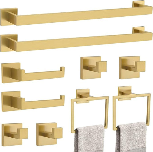 10-Piece Bathroom Hardware Accessories Set-Brushed Gold Towel Bar, Holder & Racks-SUS304 Stainless Steel-Wall Mounted,23.6-Inch