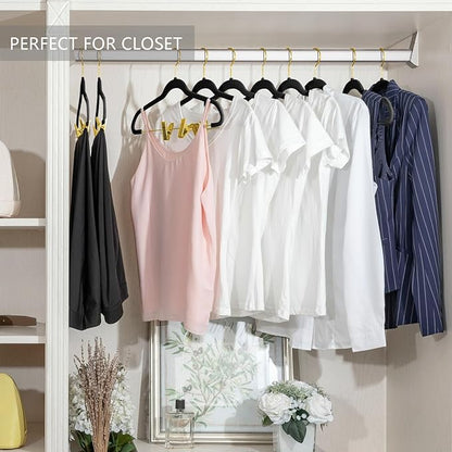 MIZGI Premium Velvet Pants Hangers with Adjustable Clips (Pack of 20) Slim Skirt Hangers- Non Slip Felt Outfit Dress Hangers Black - Gold Hooks,Space Saving Shirt Clothes Hangers