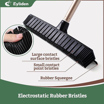Eyliden Rubber Carpet Rake for Pet Hair, 2-in-1 Push Broom with Squeegee, 54" Telescopic Handle, Fur Water Remover Brush for Carpet, Rug, Hardwood, Tile Floors