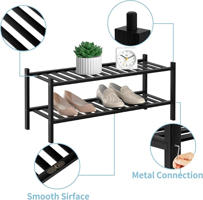 2 Tier Bamboo Shoe Rack for Closet Stackable Wooden Shoe Organizer Free Standing Wood Shoe Shelf for Entryway Small Space, 27" x 11" x 13", Black