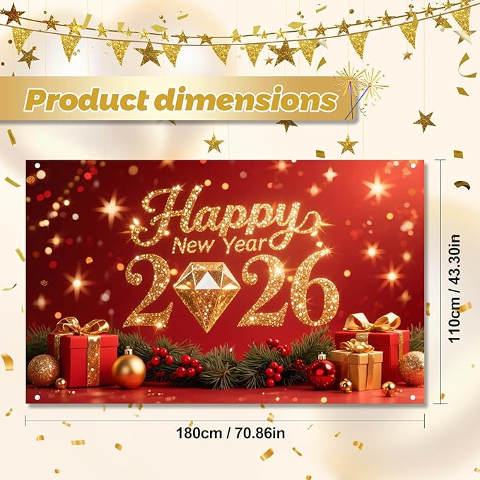 2026 Happy New Year Backdrop Gold Diamond Glitter Banner Red Background with Gift Boxes Party Decoration Photography Background 71x43 Inches New Year Eve Celebration Decor