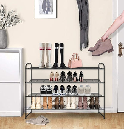 KEETDY 4-Tier Long Shoe Rack for Closet, Wide Shoe Organizer for Closet Floor Storage, Stackable Shoe Rack for Entryway Metal Shoe Shelf for 30 Pairs Men Sneakers with Wire Grid for Bedroom, Black