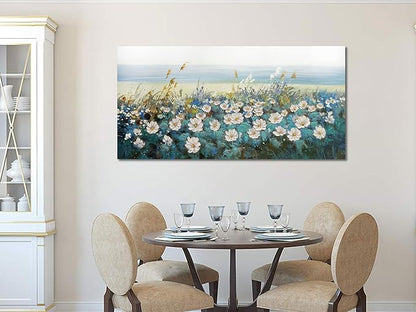 Arjun Flower Wall Art Bedroom Wall Decor Canvas White Daisy Floral Painting Landscape Picture Art Work for Living Room Wall Decor Textured Large Bathroom Office Home Dining Room, 40"x20"