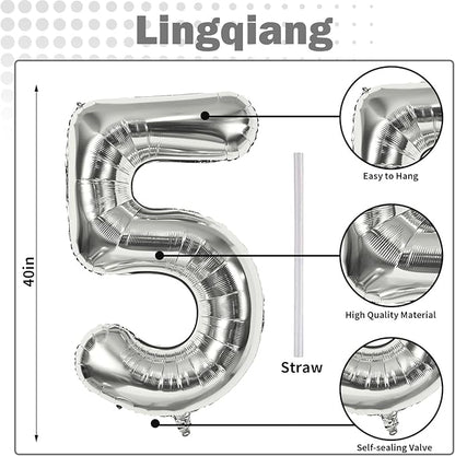 40 Inch Silver Large Numbers Balloons 5, Self Inflating Digit 5 Helium Balloons for 5th Girls Boys, Foil Mylar Big Number Balloon Set 0-9 for Women Men Birthday Party Anniversary Supplies Decorations