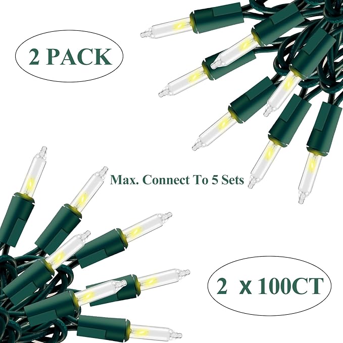 Christmas Lights Warm White,Connectable Incandescent Lighting String Green Wire Indoor Outdoor, 200 Counts(2x100) 45 FT Length,Christmas Tree Light, Holiday Decorations in Party Yard,Spring Summer