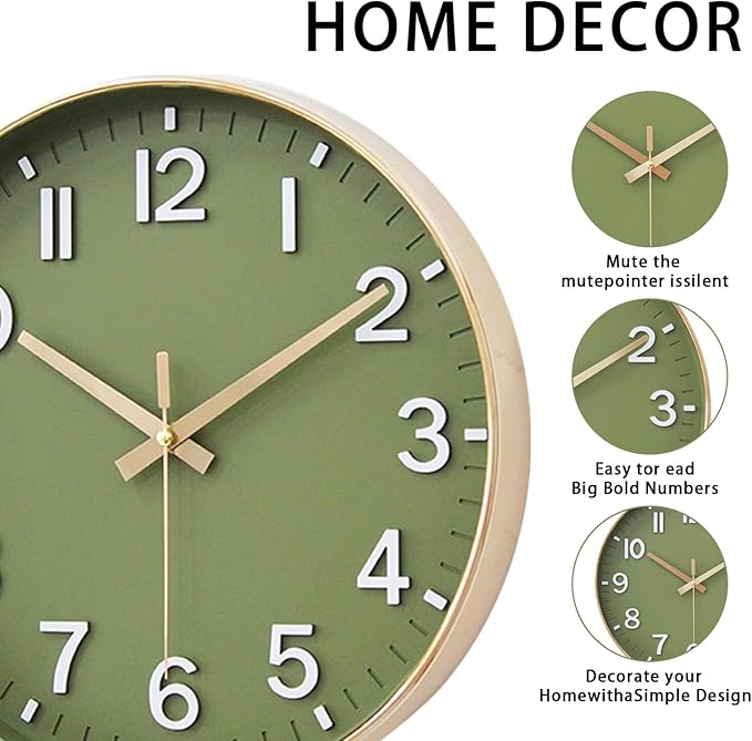 HZDHCLH Wall Clocks Battery Operated,Wall Clock Green Gold,12 inch Wall Clock Silent Non Ticking Modern 3D Numbers for Kitchen Bedroom Living Room Office Classroom Decor