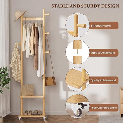 Solid Wood Coat Rack Freestanding Clothing Rack with Wheels & 2 Shelves Storage & 5 Hooks Heavy Duty Clothes Rack Wood Coat Tree Stand Hat Hanger Rack for Corner Bedroom Entryway Living Room Hotel