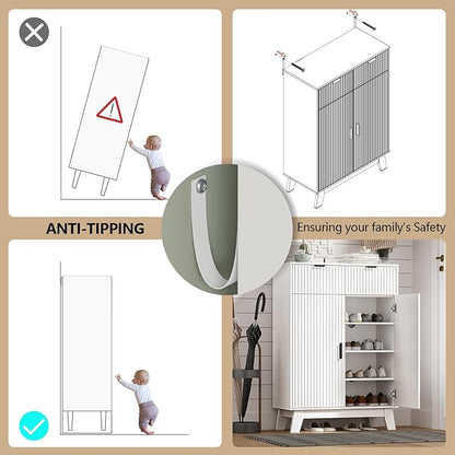 Shoe Cabinet Storage for Entryway with Doors, 4 Tier Fluted Shoe Organizer with 2 Drawers, Entryway Shoe Storage with Adjustable Shelves, Freestanding Hidden Shoe Rack for Front Door Entrance, White