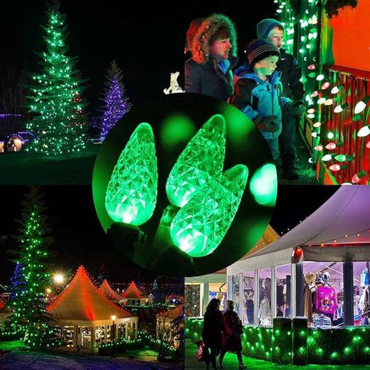 Brizled C5 Green Faceted LED Christmas Lights, 100 LED 33ft Connectable 120V UL Certified Outdoor Xmas Lights for Halloween & Christmas Party Decoration