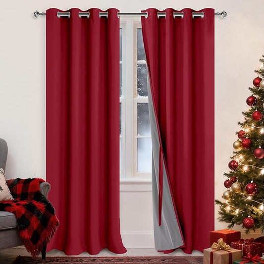 XWZO Full Shading Blackout Curtains 95 Inches Length - Heat and Light Blocking Ring Top Window Drapes with Black Liner Backing for Bedroom Sewn with Tiebacks, Christmas Red, W52 x L95, Set of 2