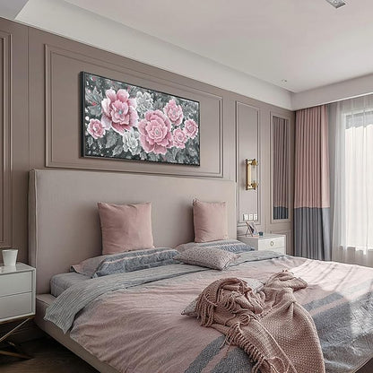 Large Pink Wall Art for Living Room- Pink and Black Peony Floral Canvas Wall Art Modern Framed Moody Black and White Wall Picture Flower Artwork Decor for Bedroom Dining Room Office 48x24