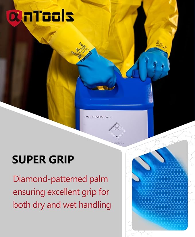 Neoprene and Rubber Blend Heavy-Duty Chemical Gloves, Protective industrial gloves for Resist Acid, Alkali, Hazmat, cleaning, dishwashing, Large