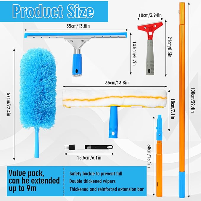 Leinuosen 6-30ft High Window Cleaning Kit with Titanium Alloy Extension Pole 2 in 1 Window Squeegee Scrubber Washable Dust Brush Tools for Indoor Outdoor High Windows Roof Ceilings Wall Car Glass