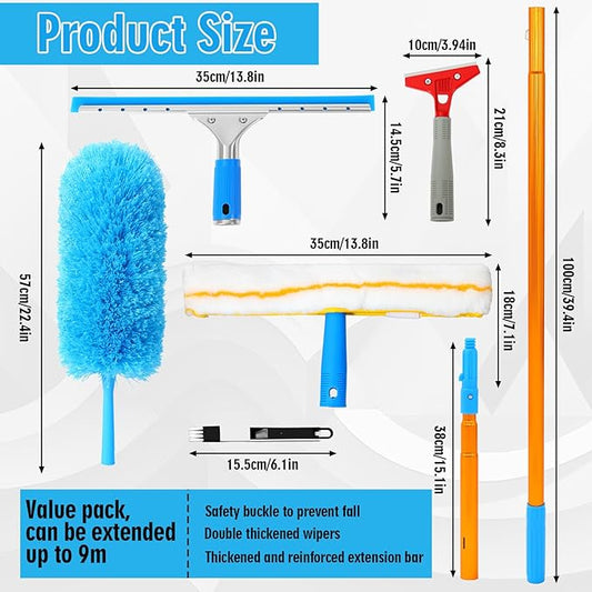 Leinuosen 6-30ft High Window Cleaning Kit with Titanium Alloy Extension Pole 2 in 1 Window Squeegee Scrubber Washable Dust Brush Tools for Indoor Outdoor High Windows Roof Ceilings Wall Car Glass