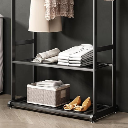 Heavy duty clothes rack,black Clothing rack,metal Garment rack with bottom shelves and 6 Side Hooks for Hanging Clothes, Coats, Shirts(L:31.5IN)