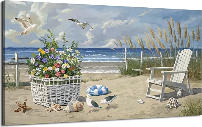ARTZON Beach Scene Wall Art – Relaxing Large Blue Tropical Nature Sunshine Seascape Picture Modern Summer Coastal Canvas Print Decor for Living Room, Bedroom, 48x24 Inch