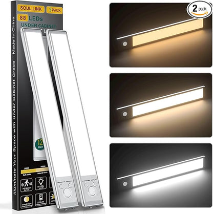 Under Cabinet Lights,88 LED Operated Motion Sensor Light Indoor,2200mAh USB Rechargeable Closet Lights, 2 Pack Magnetic Dimmable Closet Lights，Wireless Under Counter Lights for Kitchen, Stairs