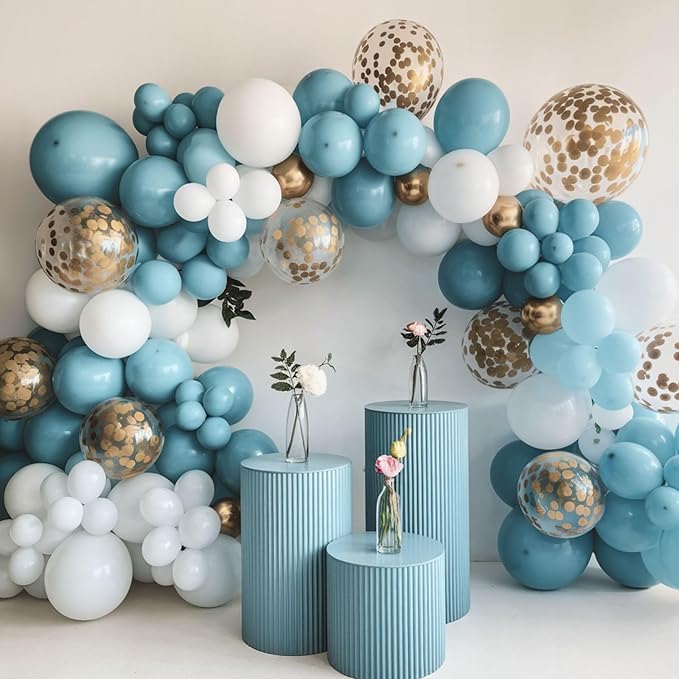Dusty Blue and Gold Balloons, 12 Inch Blue Gold Balloons, Retro Fog Blue Metallic Golden White Confetti Balloons Latex Balloon for Wedding Baby Shower Gender Reveal Birthday Party Decoration