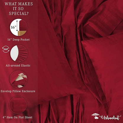 URBANHUT 800 Thread Count Egyptian Cotton Damask Striped California King Size Sheets Set (4 Pc) - Ultra Soft Sateen Weave Cal King Size Bed Sheets, Luxury Hotel Sheets with 16" Deep Pocket - Burgundy