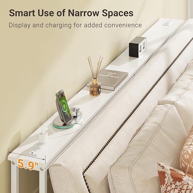 ELYKEN 5.9" Narrow Console Sofa Table with Power Outlets, Total 39.4” Long Behind Couch Table with Charge Station and 5.9’ Extension Cord for Living Room, 5.9" D x 39.4”W x 29.5”H, White