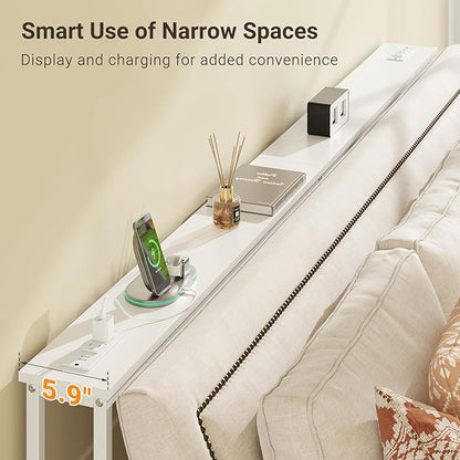 ELYKEN 5.9" Narrow Console Sofa Table with Power Outlets, Total 39.4” Long Behind Couch Table with Charge Station and 5.9’ Extension Cord for Living Room, 5.9" D x 39.4”W x 29.5”H, White