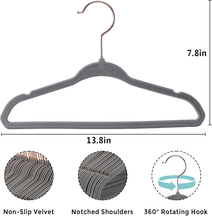 Kids Velvet Hangers 30 Pack - 14 Inch Premium Non Slip Kids Felt Hanger for Clothes - Ultra Thin Baby Felt Hangers for Youth Childrens' Closet with 10 Hanger Clips - Gray
