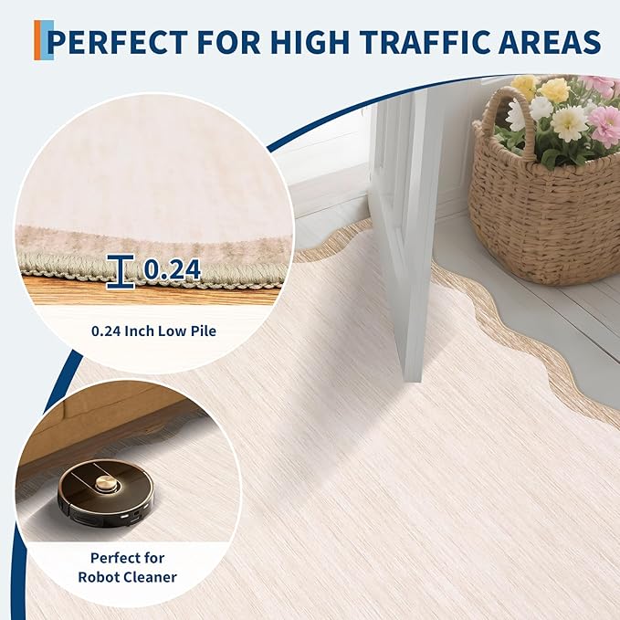 GarveeHome Scalloped Washable Runner Rug 2x6 Non Slip Kitchen Rugs Modern Beige Indoor Entryway Rug Farmhouse Soft Bath Mat Stain Resistant Carpet for Bedroom Hallway Laundry 2 ft x6 ft Beige