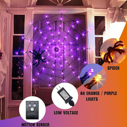 Vanthylit Halloween Decorations, Spider Web Lights Motion-Activated Sensor, 4FT 84LED Light Up Spider Web with Black Spider, Halloween Lights for Window Indoor Outdoor Horror Decor(Orange & Purple)