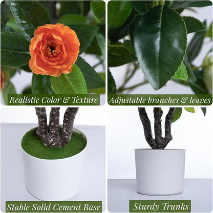 Artificial Camellia Tree 35in Faux Floral Plant with White Flowers and Green Leaves - No Maintenance Indoor Outdoor Office Home Porch Decor Housewarming Gift(2Pack，White)