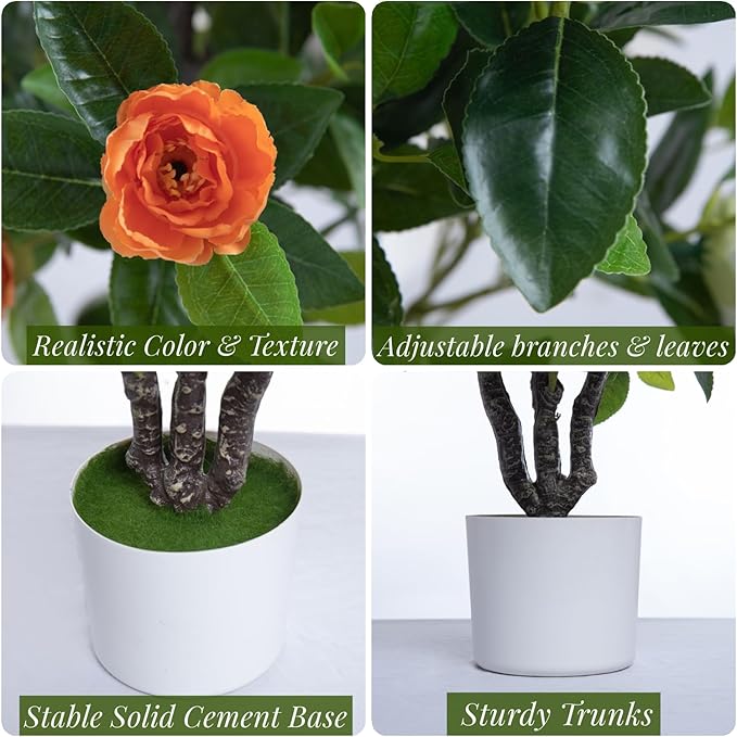 Artificial Camellia Tree 35in Faux Floral Plant with White Flowers and Green Leaves - No Maintenance Indoor Outdoor Office Home Porch Decor Housewarming Gift(1 Pack - White)