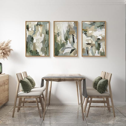 Large Abstract Green Beige Framed Canvas Wall Art Set,Neutral Brush Stroke Watercolor Wall Painting,Modern Minimalist Artwork for Living Room,Bedroom,Dining Room,Office -24"x36"x3