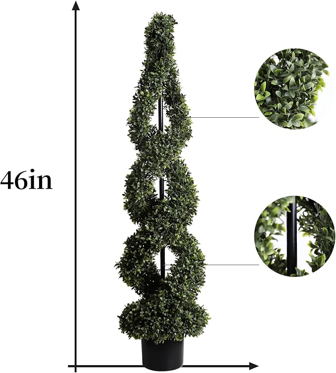 46Inch Double Spiral Artificial Boxwood Topiary Tree 4" Plants Fake Faux Plant Decor in Plastic Pot Green Indoor or Outdoor, Set of 2