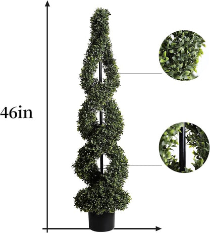 46Inch Double Spiral Artificial Boxwood Topiary Tree 4" Plants Fake Faux Plant Decor in Plastic Pot Green Indoor or Outdoor, Set of 2