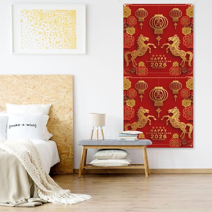 Year Of The Horse Happy Chinese New Year 2026 Door Cover Decorations Banner Flag Welcome Hanging Backdrop Sign Party Background Decor Holiday Supplies 35 * 72 Inches