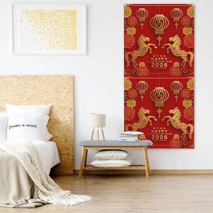 Year Of The Horse Happy Chinese New Year 2026 Door Cover Decorations Banner Flag Welcome Hanging Backdrop Sign Party Background Decor Holiday Supplies 35 * 72 Inches