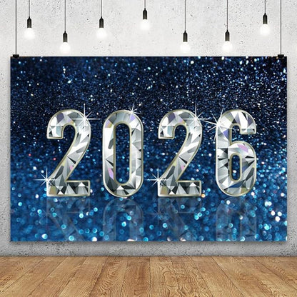 YongFoto 2026 Happy New Year Backdrop 10x7ft Diamond Sparkle Blue Photography Background Christmas Night Festival Carnival Celebration Party Banquet Decor Banner Photoshoot Wallpaper Photo Booth