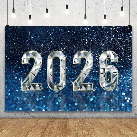 YongFoto 2026 Happy New Year Backdrop 10x7ft Diamond Sparkle Blue Photography Background Christmas Night Festival Carnival Celebration Party Banquet Decor Banner Photoshoot Wallpaper Photo Booth