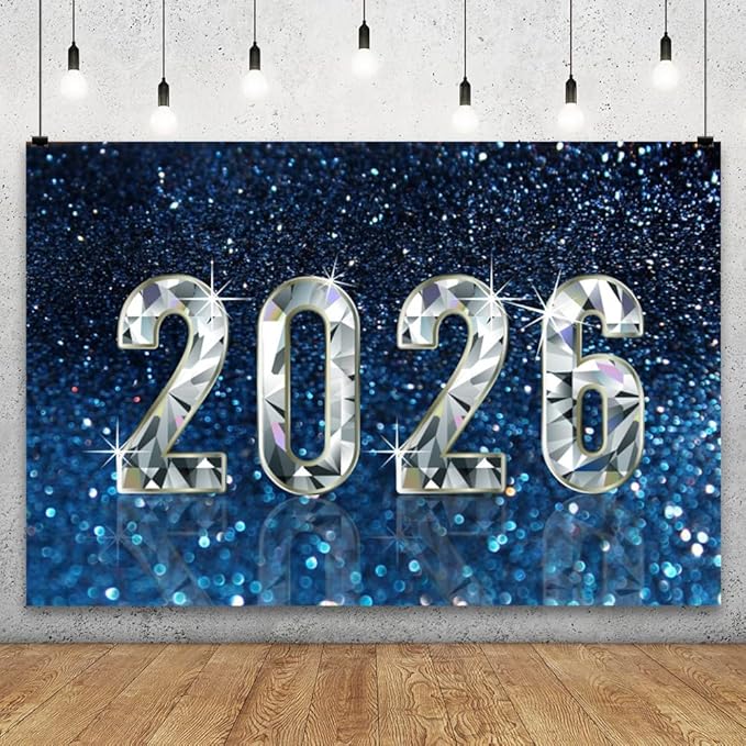 YongFoto 2026 Happy New Year Backdrop 8x6.5ft Diamond Sparkle Blue Photography Background Christmas Night Festival Carnival Celebration Party Banquet Decor Banner Photoshoot Wallpaper Photo Booth