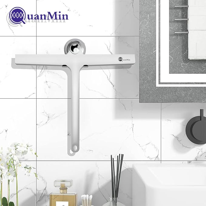 Upgraded 9 Inch Shower Squeegee with Hook - Stainless Steel Core & Silicone Blade | Multi-Purpose Glass Wiper for Shower Doors, Windows, Ceramics - Rounded White