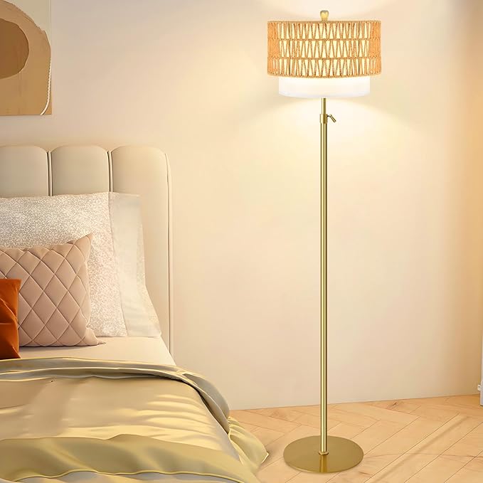 Gold Floor Lamps for Living Room Boho Floor Lamp with Rattan & Fabric Shade, Modern Adjustable Height Standing Lamp Vintage Tall Floor Lamp for Bedroom Living Room Reading Corner (Bulb Included)