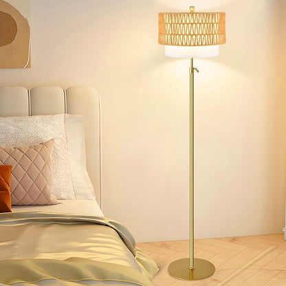 Gold Floor Lamps for Living Room Boho Floor Lamp with Rattan & Fabric Shade, Modern Adjustable Height Standing Lamp Vintage Tall Floor Lamp for Bedroom Living Room Reading Corner (Bulb Included)