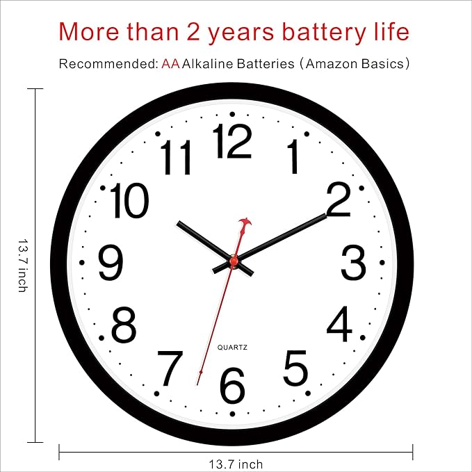 Foxtop 14 Inch Wall Clock Modern Silent Non-Ticking Quartz Battery Operated Round Analog Classic Black Wall Clock for Classroom School Office Living Room Bedroom Home