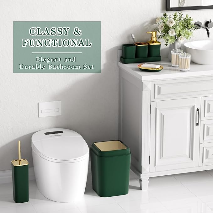 Dark Green Bathroom Accessories Set, Green and Gold Bathroom Accessories with Trash Can, Soap Dispenser, Soap Dish, Toothbrush Holder and Q-tip Holders