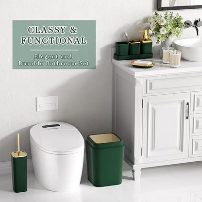 Dark Green Bathroom Accessories Set, Green and Gold Bathroom Accessories with Trash Can, Soap Dispenser, Soap Dish, Toothbrush Holder and Q-tip Holders