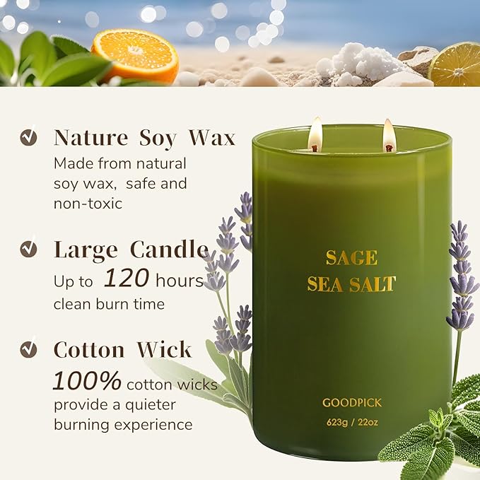 Goodpick Scented Candles, Sea Salt Sage for Cleansing House, Father's Day, Soy Candle for Women, 22oz Large Long-Lasting
