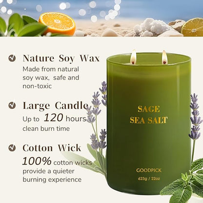 Goodpick Scented Candles, Sea Salt Sage for Cleansing House, Father's Day, Soy Candle for Women, 22oz Large Long-Lasting