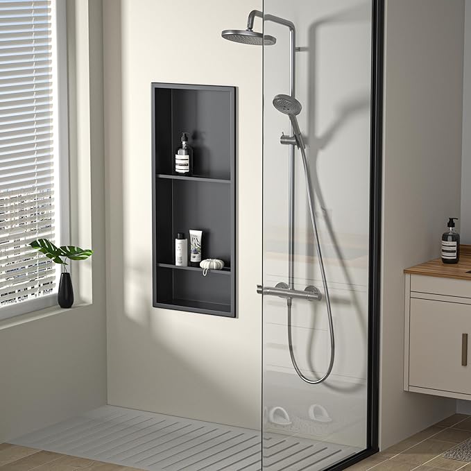 Stainless Steel Shower Niche 30" X 12" Matte Black No Tile Needed Wall Vertical Niche Three-Tier Shelves Recessed Shower Shelf for Bathroom Storage Over Mount Installation