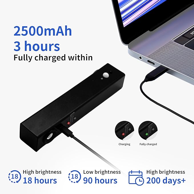 Motion Sensor LED Night Lights, 2500 mAh Rechargeable Battery Operated Indoor Wall Light Without Power Connection with Switch, Wireless Wall Lighting Battery for Cabinet Bedroom Stairs(Black)