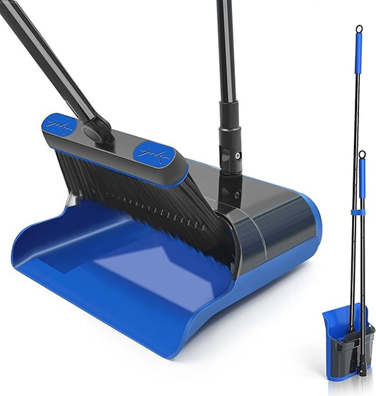 JEHONN Broom and Dust Pan, Upgraded Large Foldable Dustpan with Comb Teeth, 53.5 inches Long Handle Swivel Brush Indoor for Home Kitchen Lobby Floor Cleaning (Blue)